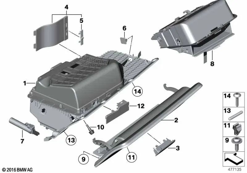 Glove box cover for BMW 5 Series F07, F07N (OEM 51169199170). Original BMW