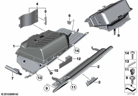 Glove box handle for BMW 5 Series F07, F07N (OEM 51169203807). Original BMW