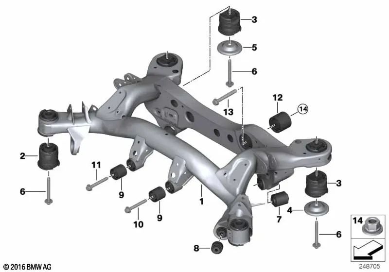 Cojinete de goma trasero para BMW E82, E90, E92, E93 (OEM 33312283383). Original BMW.