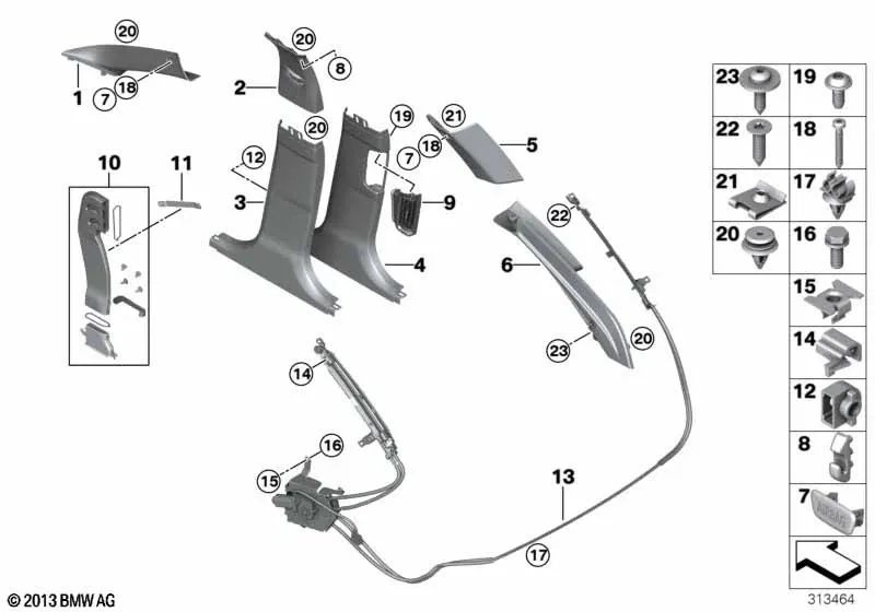 Tapa de columna B superior izquierda para BMW F10, F11, F18 (OEM 51438060009). Original BMW