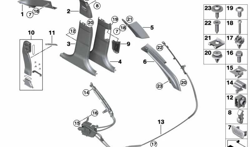 Revestimiento A-pilar izquierdo para BMW F10, F11, F18 (OEM 51438038169). Original BMW