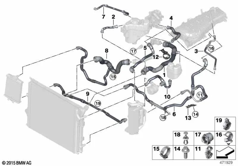 Manguera de refrigerador de líquido refrigerante desplazado para BMW F20N, F21N, F20, F21, F22, F22N, F23, F23N, F30N, F31N, F32, F32N (OEM 17128616552). Original BMW.