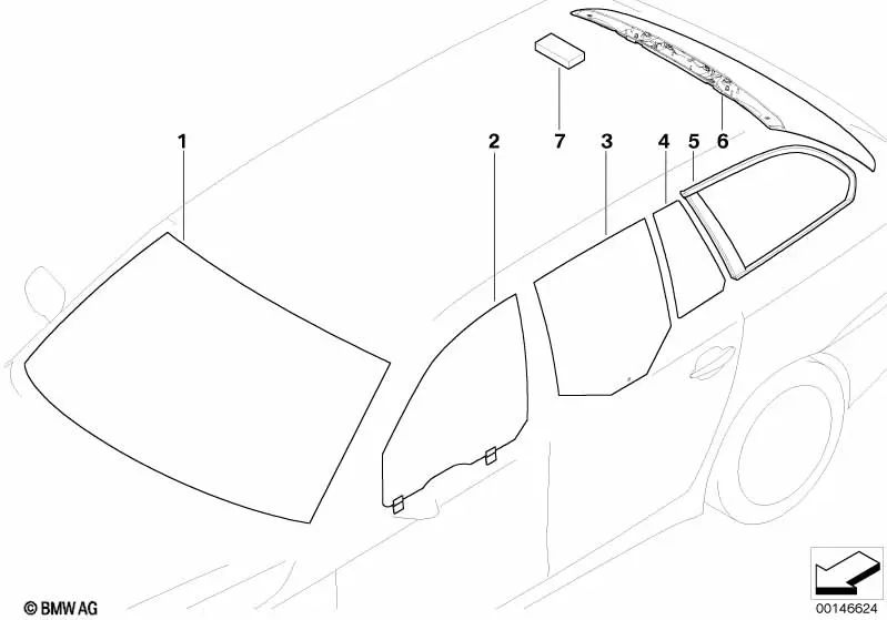 Cristal lateral verde fijo puerta trasera izquierda para BMW E61, E61N (OEM 51357067093). Original BMW