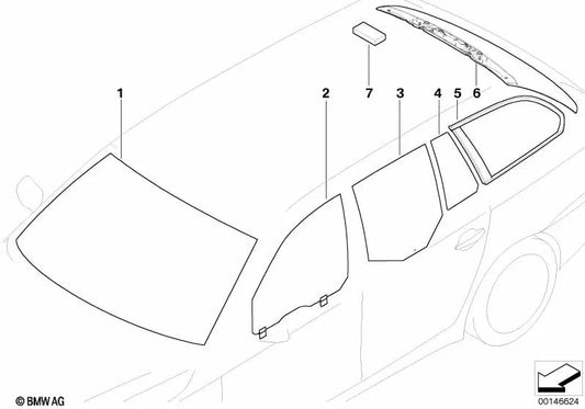 Cristal lateral verde fijo puerta trasera izquierda para BMW E61, E61N (OEM 51357067093). Original BMW