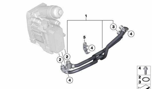 Tubería del radiador de aceite de la transmisión OEM 17228519143 para BMW F20, F21, F22, F30, F31, F34, F32, F10, F11, F15. Original BMW.