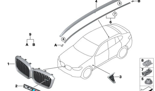 Emblema de rejilla frontal izquierda OEM 51118082586 para BMW F98 (X4 M). Original BMW.