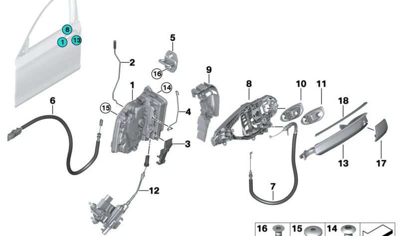 Cerradura del sistema izquierda para BMW Serie 2 F45, F46, Serie 7 G11, G12, i I01, X1 F48, X2 F39, X5 F15, F85, X6 F16, MINI F54, F55, F56, F57, F60 (OEM 51217281933). Original BMW.