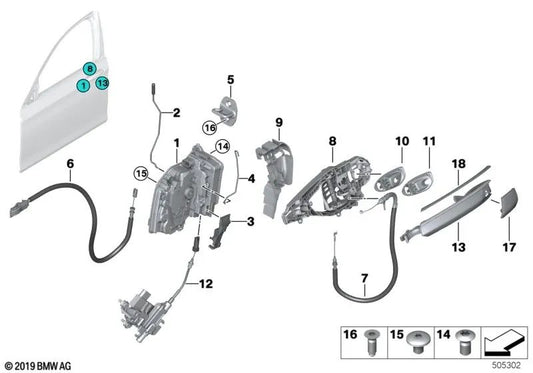 Cerradura de sistema derecha para BMW Serie 2 F45, F46 Serie 7 G11, G12 i I01, X1 F48, X2 F39, X5 F15, X6 F16 (OEM 51217281938). Original BMW.