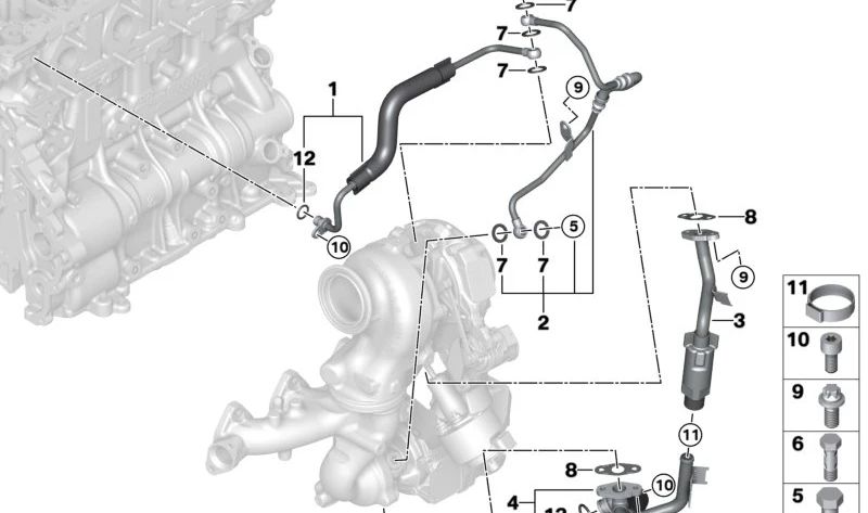 Tubería de alimentación de aceite para turbocompresor OEM 11428471072 para BMW F70, U06, U11, U10, U25. Original BMW.