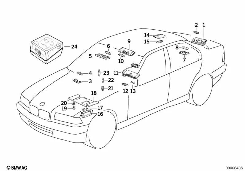 Left rear interior reading light for BMW E36 models (OEM 63318376859). Genuine BMW