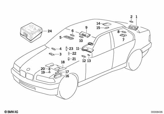 Left rear interior reading light for BMW E36 models (OEM 63318376859). Genuine BMW