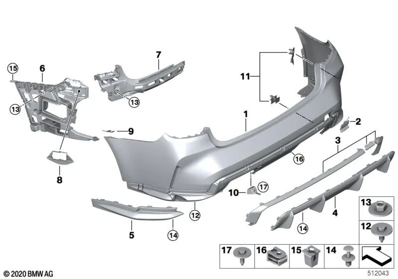 Rear right middle bumper bracket for BMW G80, G80N (OEM 51128074698). Original BMW.