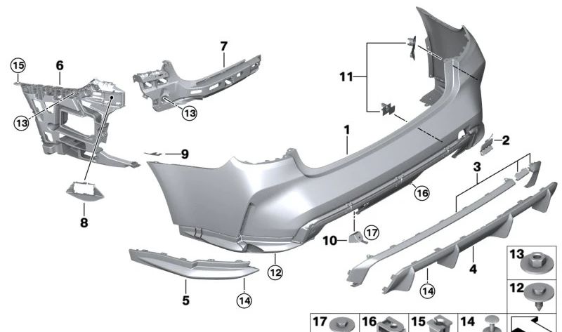 Rear left bumper bracket for BMW 3 Series G81, G81N (OEM 51128086115). Original BMW