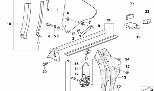 Guía de ventana trasera izquierda para BMW Serie 3 E36 (OEM 51368168257). Original BMW