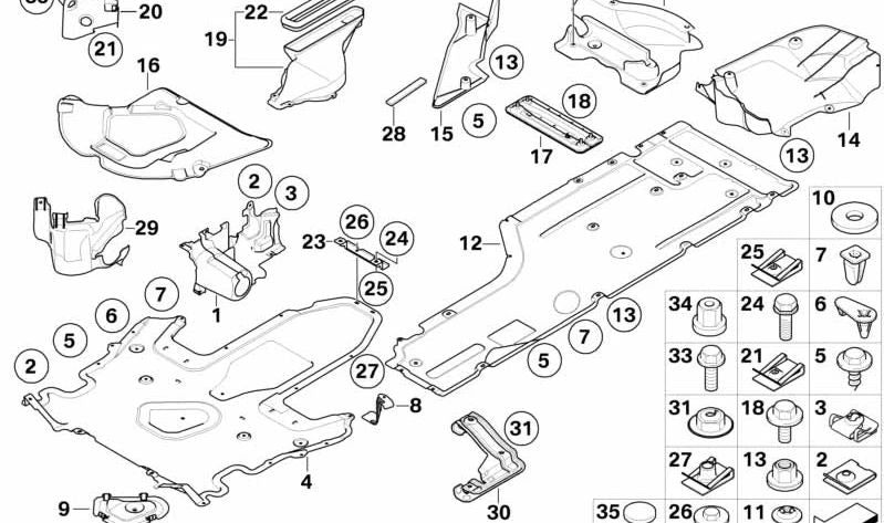 Protección inferior central OEM 51757180521 para BMW E60, E61, E63, E64. Original BMW