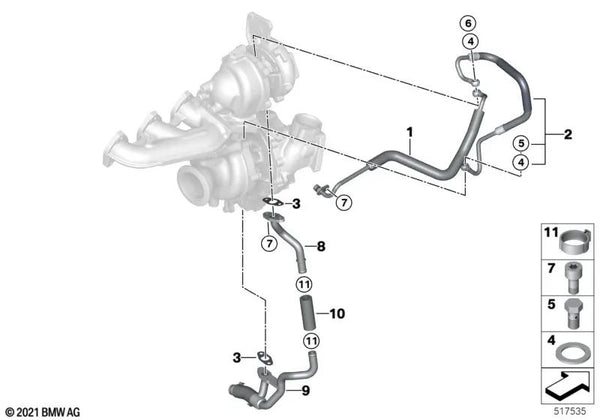 Tubería de aceite de baja presión para BMW F20N, F21N, F22, F22N, F23, F23N, F30N, F31N, F34N, F32, F32N, F33, F33N, F36, F36N, G30, G31, G11, G12, G01, G02, F15 (OEM 11428513624). Original BMW.