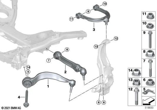 Brazo de control con cojinete de goma derecho para BMW G14, G15, G16 (OEM 31106886906). Original BMW.