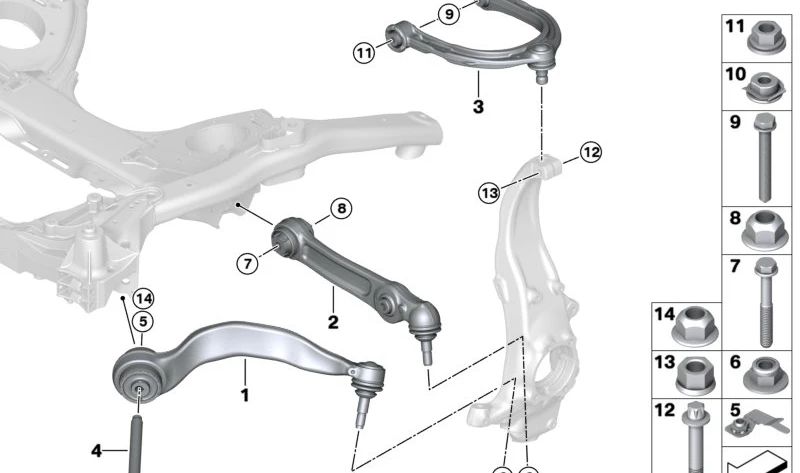 Brazo oscilante con cojinete de goma izquierdo para BMW Serie 8 G14, G15, G16 (OEM 31106886905). Original BMW