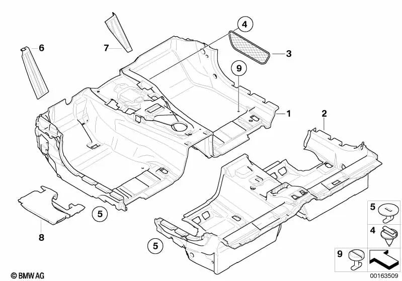 Revestimiento del suelo delantero para BMW E63, E63N (OEM 51477123706). Original BMW.