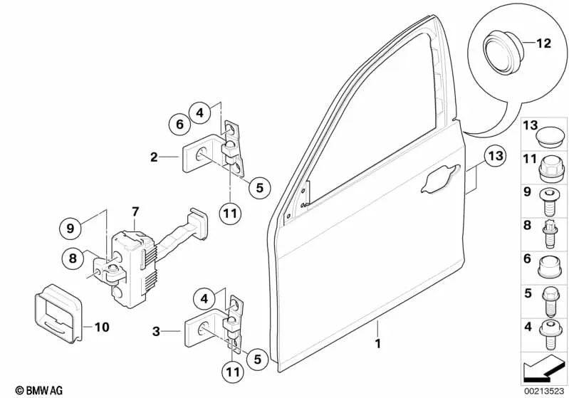 Bisagra de puerta delantera superior izquierda para BMW E60, E60N, E61, E61N, E70, E70N, E71, E72 (OEM 41517176847). Original BMW