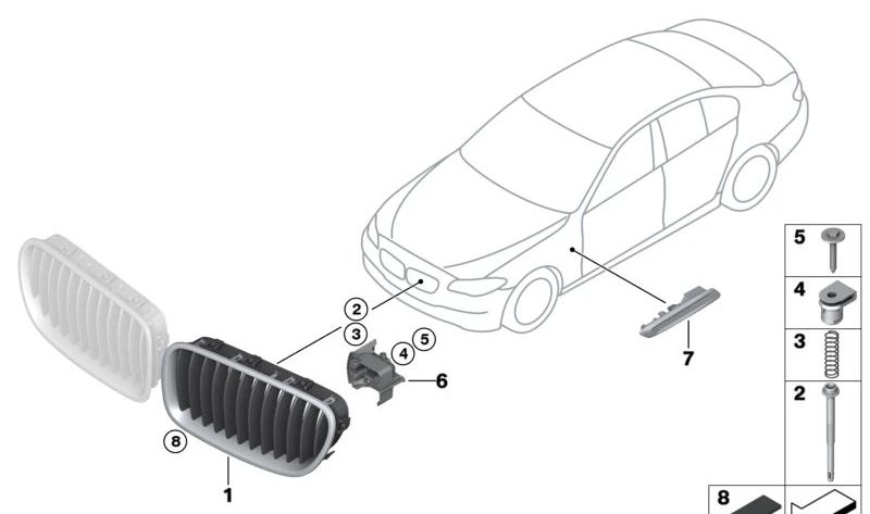 Rejilla decorativa frontal izquierda para BMW Serie 5 F10, F11, F18 (OEM 51137203649). Original BMW