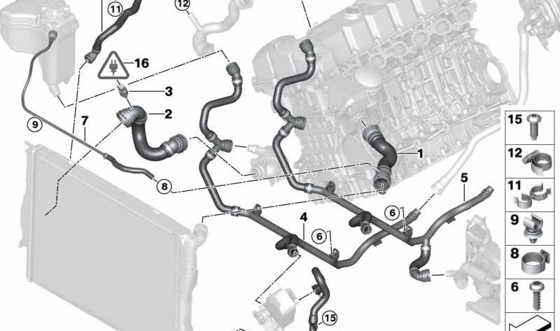 Manguera inferior del radiador al termostato OEM 17127599304 para BMW E84. Original BMW.