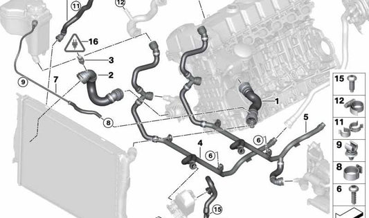 Lower radiator hose to the thermostat OEM 17127599304 for BMW E84. Original BMW.