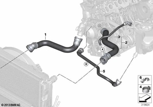 Upper radiator hose to cylinder head for BMW E81, E82, E87N (OEM 17127796869). Original BMW