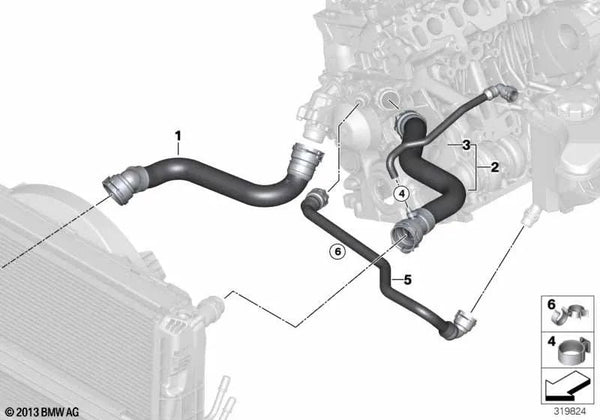 Manguera superior del radiador de la culata para BMW E81, E82, E87N (OEM 17127796869). Original BMW