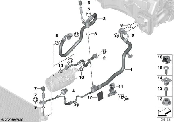 Tubería de succión evaporador-compresor para BMW Serie 5 G30N, G31N, Serie 6 G32N, Serie 7 G11N, G12N, Serie 8 G14, G15, G16 (OEM 64539860594). Original BMW