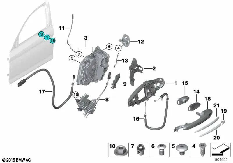 Cable Bowden para manilla exterior de puerta delantera para BMW Serie 5 F90, F90N, G30, G30N, G31, G31N (OEM 51215A077A1). Original BMW.