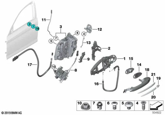 Front Door Exterior Handle Bowden Cable for BMW 5 Series F90, F90N, G30, G30N, G31, G31N (OEM 51215A077A1). Original BMW.