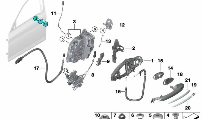 Cable Bowden de la manilla exterior de la puerta delantera para BMW F90, G30, G31 (OEM 51215A57949). Original BMW