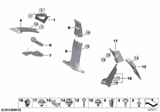 Obere rechte dreieckige Fensterabdeckung für BMW F46, F46N (OEM 51437373436). Original BMW