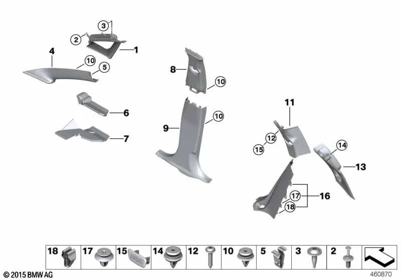 Upper right C-pillar cover for BMW 2 Series F46, F46N (OEM 51437373426). Original BMW.