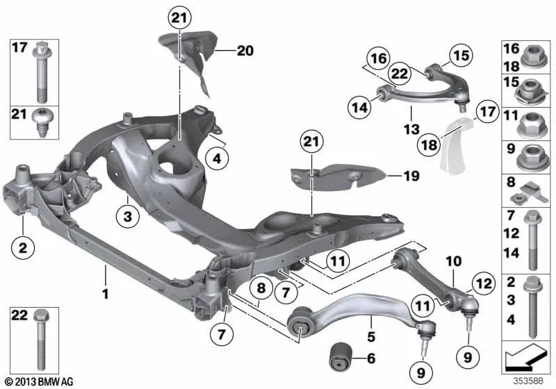 Brazo de tracción con cojinete de goma derecho para BMW F10, F11, F18, F06, F12, F13 (OEM 31126775972). Original BMW.