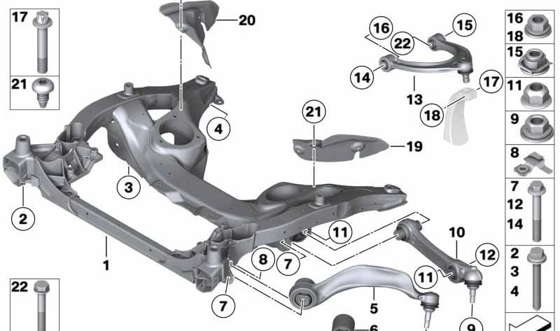 Brazo oscilante inferior con cojinete de goma derecho para BMW F10, F11, F18, F06, F12, F13 (OEM 31126794204). Original BMW.