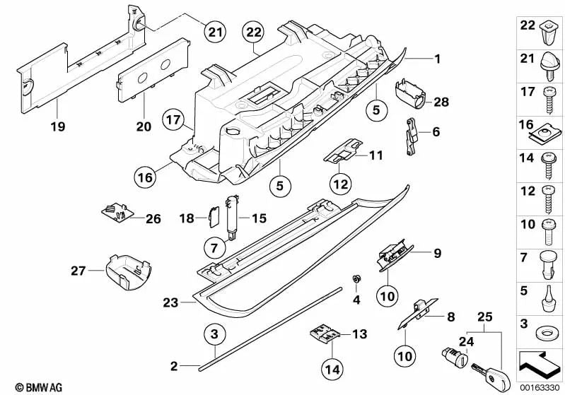 BMW Glove Box Upper Closure for Models E60, E60N, E61, E61N (OEM 51167063511). Genuine BMW