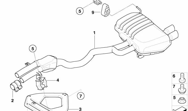 Silenciador trasero con silenciador intermedio OEM 18107539870 para BMW Z4 E85. Original BMW.