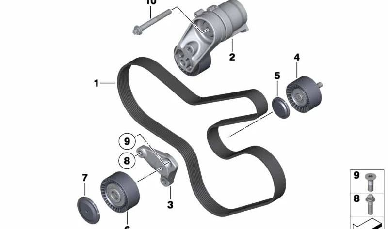 Correa poli V para BMW Serie 5 F07, F10, F11, F18, Serie 6 F06, F12, F13, Serie 7 F01N, F02N, X5 E70N, F15, X6 E71, F16 (OEM 11287628659). Original BMW