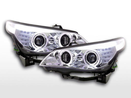 Juego De Faros Xenón Angel Eyes Led Bmw Serie 5 E60 / E61 03-04 Cromado Para Volante A La Derecha