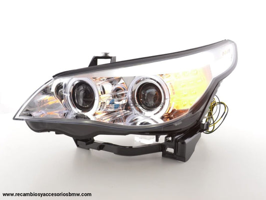 Juego De Faros Xenón Angel Eyes Led Bmw Serie 5 E60 / E61 03-04 Cromado Para Volante A La Derecha