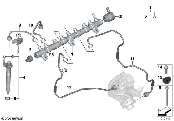 Tubería de alta presión para BMW G20, G21, G22, G23, G26, G30N, G31N, G32N, G11N, G12N, G14, G15, G16, G01, G02, G05, G06, G07 (OEM 13538599221). Original BMW.