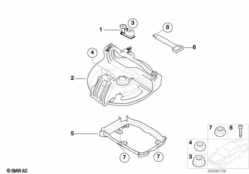 Mecanismo de descenso rueda de repuesto para BMW Serie 3 E46, X3 E83, E83N (OEM 51713452198). Original BMW.