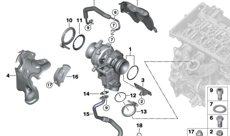 Protetor térmico para alojamento de turbina OEM 11658590004 para BMW F20, F21. BMW original.