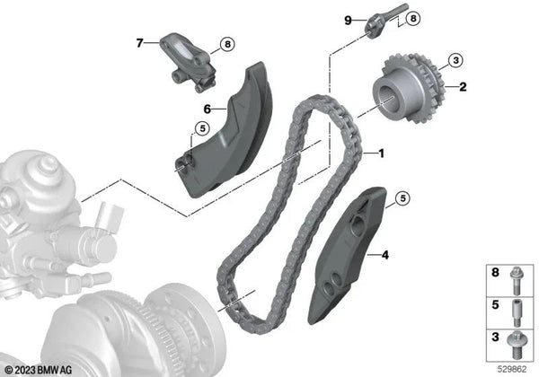 Tensores de cadena para BMW Serie 1 F20N, F21N, F40; Serie 2 F22, F23, F44, F45, F46, G42, U06; Serie 3 F30, F31, F34, G20, G21, G28; Serie 4 F32, F33, F36, G22, G23, G26; Serie 5 F10N, F11N, G30, G31, G60; Serie 6 G32; Serie 7 G11, G12; X1 F48, U11; X2 F