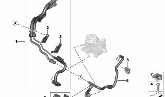 Tubería de combustible compartimento del motor para BMW Serie 2 F45, F46, X1 F48, X2 F39, MINI F54, F55, F56, F57, F60 (OEM 13538514114). Original BMW.