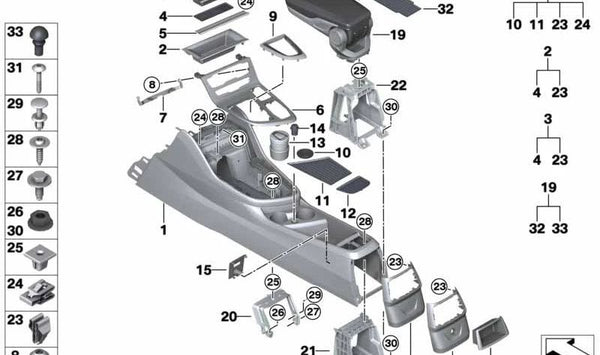 Cubierta consola central trasera para BMW F45, F46 (OEM 51166842321). Original BMW