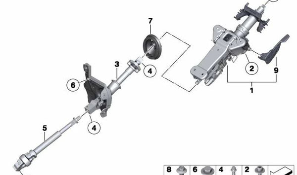 Husillo de dirección inferior para BMW Serie 5 F07, F10, F11, F18N, Serie 6 F06, F12, F13, Serie 7 F01, F02, F04 (OEM 32306778135). Original BMW