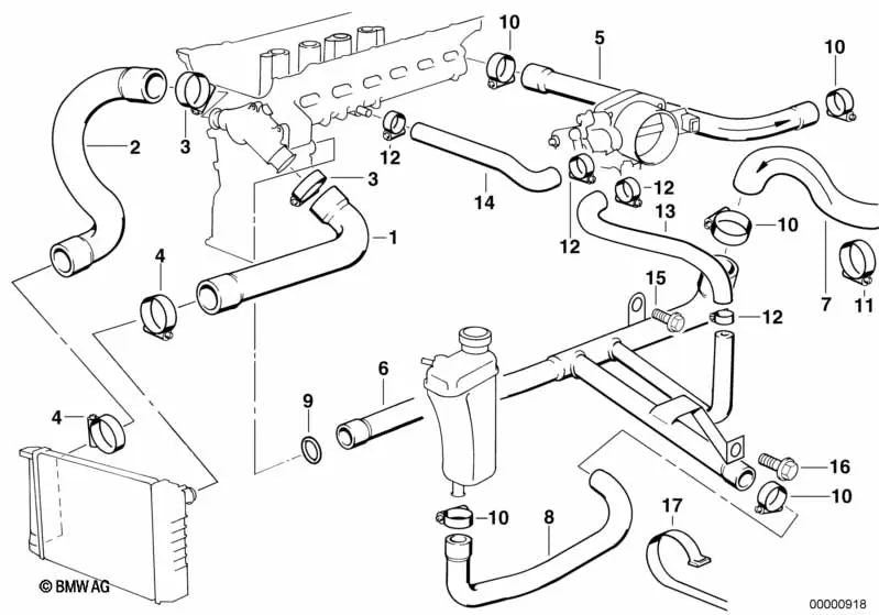 Manguera de válvula de agua-retorno del motor para BMW E46, E53, E70 (OEM 64218401808). Original BMW